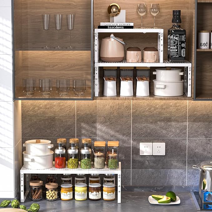 Expandable Adjustable Stackable Kitchen Organizer, 2Packs/White,Medium