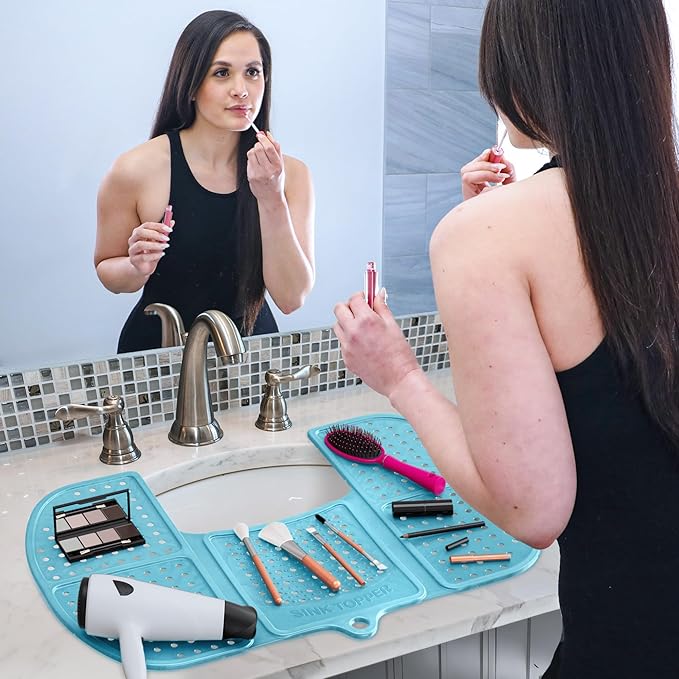 Sink Topper Bathroom Sink Cover for Counter Space & Storage Saver | RV Must Haves | Silicone Foldable Beauty Makeup Brush Cleaning Mat | Hot Tools | RV Sink Cover | Large, Pacific Blue