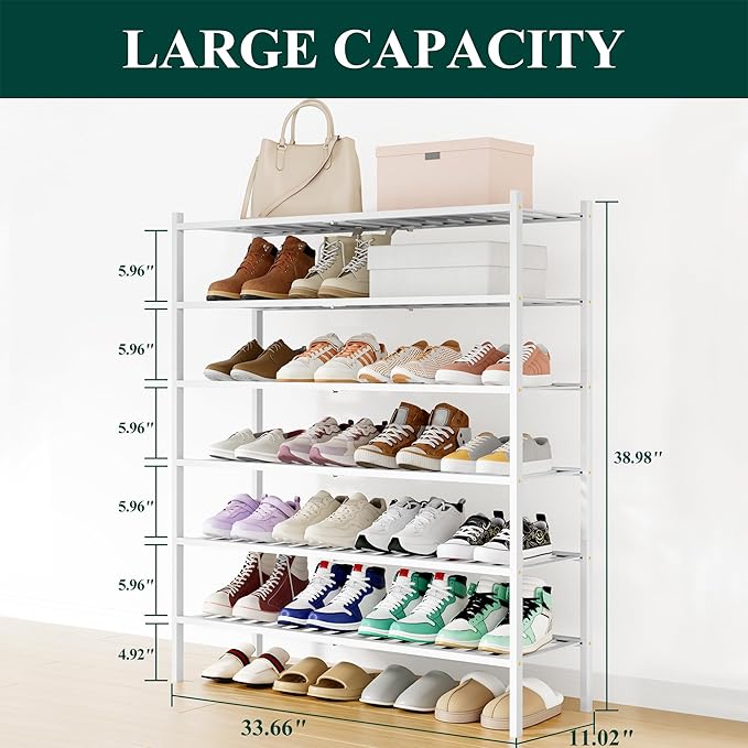 Smiry Long Bamboo Shoe Rack, 6 Tier Free Standing Wooden Shoe Organizer, Stackable Wood Shoe Storage Shelf for Closet, Entryway, 12 Vertical Slats, 2+2+2 Stack Standard Legs, 33.7"x11"x39", White