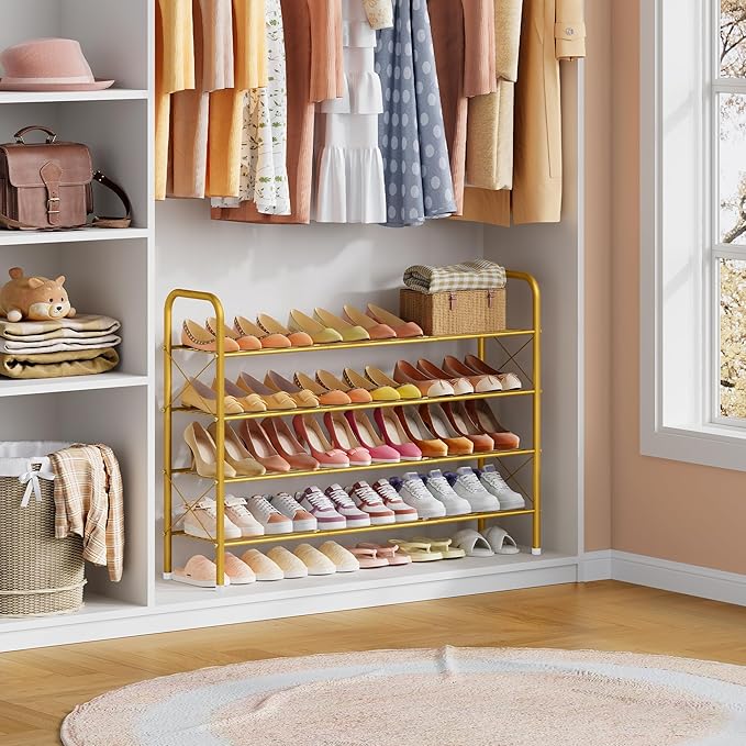 Hoctieon 4 Tier Mesh Style Shoe Rack, Entryway Shoe Shelf, Shoe Storage Organizer, Shoe Rack for Closet, Space Save for Bathroom, Garage, Hallway, Bedroom, Living Room, Gold