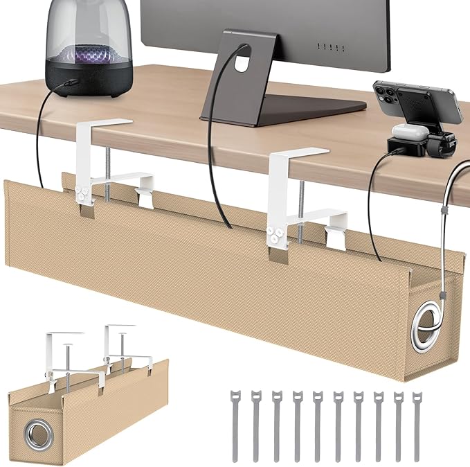 [Upgraded] Large Under Desk Cable Management Tray No Drill, Suolaao 30" Cord Organizer with Oxford Fabric, Clamp Mount, Holds 30 lbs, Large Cable Rack for Gaming & Home Office Standing Desk