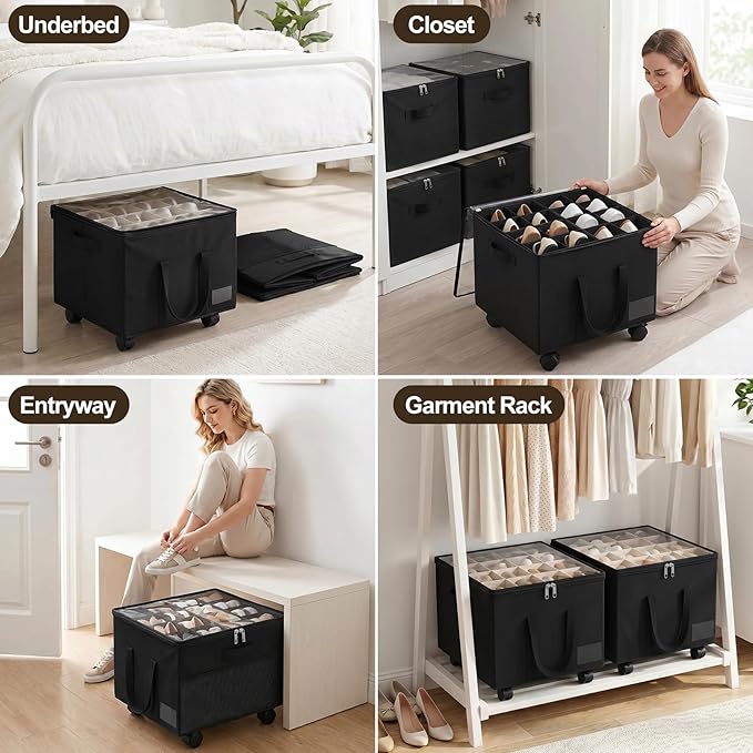 Large Shoe Organizer for Closet, Adjustable Dividers Shoe Storage Box Bins with Wheels Clear Cover Reinforced Handle Side Pocket Fits up to 16 Pairs, Foldable Shoe Organizer for Entryway Black