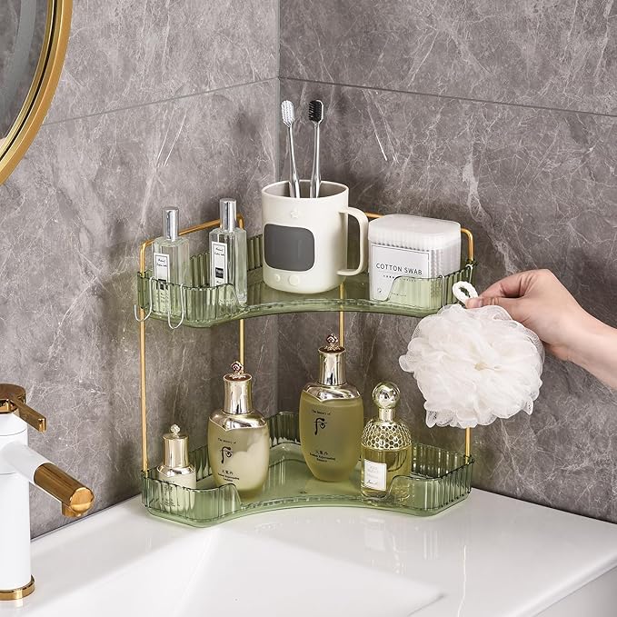 2-Tier Corner Bathroom Organizer Countertop with Hooks, Green Gold