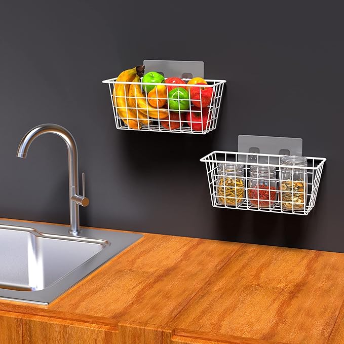 MaraFansie Wall Wire Baskets Adhesive Basket Hanging Kitchen Baskets No Drilling for Cabinet & Pantry Organization and Kitchen, Bathroom, Bedroom Storage, 4 Pack, White