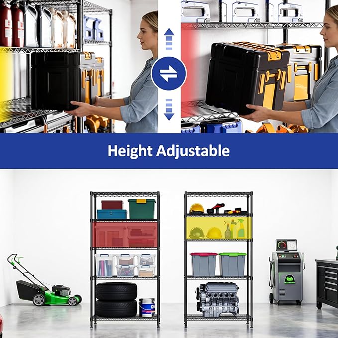 IZEUK 5-Tier Heavy Duty Black Steel Storage Shelving Unit, Utility Wire Rack Organizer for Kitchen, Office & Home, 1250 lbs Capacity, 13.8" D x 35.4" W x 68.5" H
