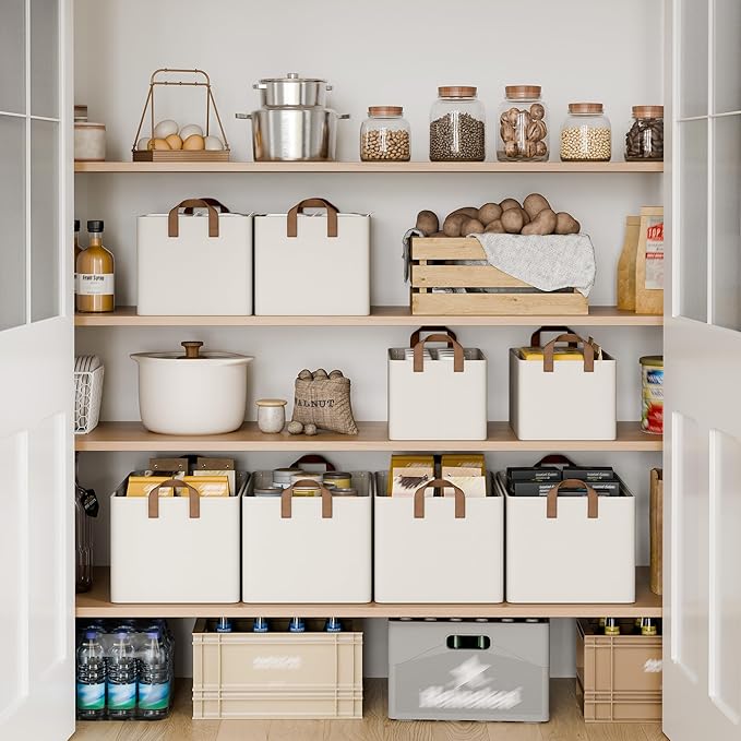 StorageWorks Storage Bins, Fabric Storage Bins for Shelves, Storage Baskets with Metal Frame, Closet Baskets and Bins with Handles, Beige, 2-Pack