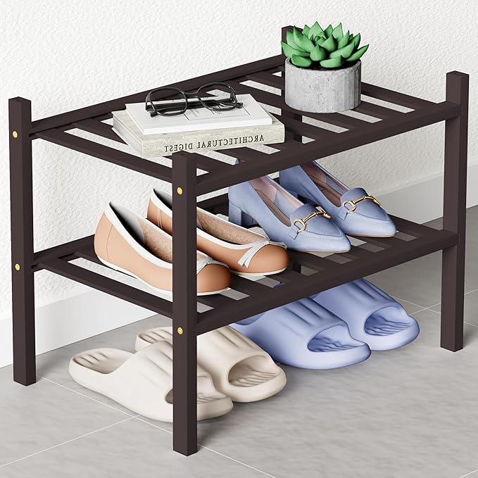 Smiry Bamboo Shoe Rack for Closet, 2 Tier Small Wooden Shoe Organizer, Stackable Wood Shoe Storage Shelf for Entryway, 14 Vertical Slats, One-piece Heavy-Duty Legs, 17.32"x11.02"x12.99", Brown
