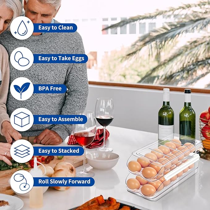 MesRosa Egg Holder for Fridge, Automatic Rolling Egg Organizer for Refrigerator, Clear Plastic Egg Container & Tray, Stackable Dispenser and Storage Bin with Sturdy Lid to Saving Space -3 Layer