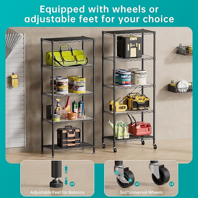 SINGAYE 5 Shelf Storage Wire Shelves Closet Bathroom Organizers Metal Pantry Kitchen Garage Shelving Unit Laundry Room Organization Home Narrow Rack Net Basket with Wheels Black