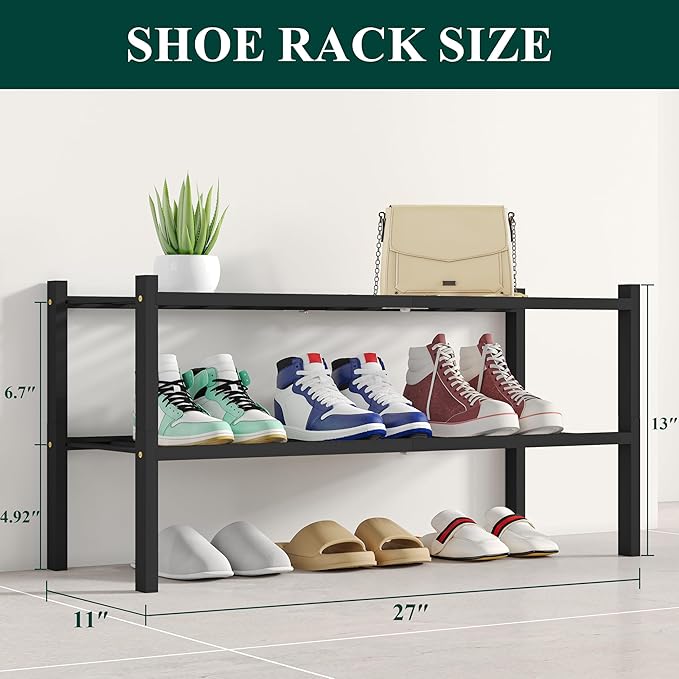 Smiry Bamboo Shoe Rack, 2 Tier Free Standing Wooden Shoe Organizer, Stackable Wood Shoe Storage Shelf for Closet, Entryway, 12 Vertical Slats, One-piece Standard Legs, 26.8"x11"x13", Black