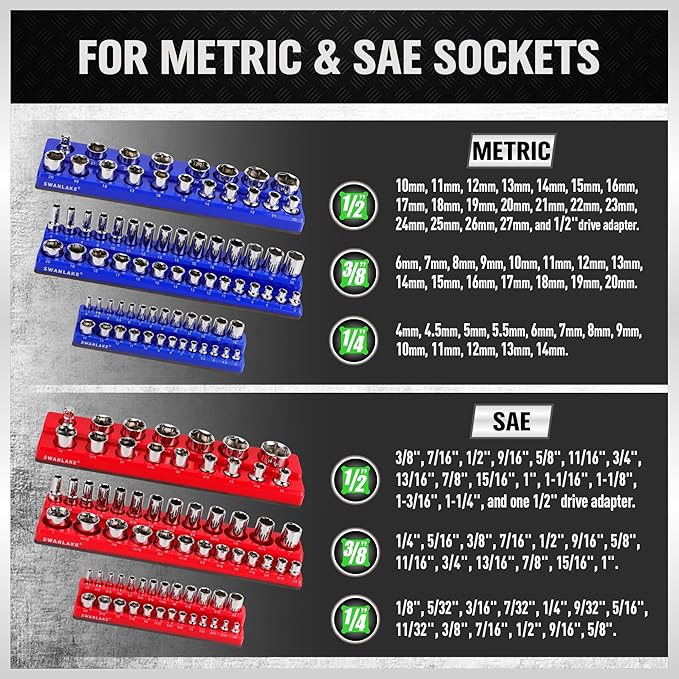 Magnetic Socket Organizer Set, 6PCS Socket Holder, 1/4", 3/8"