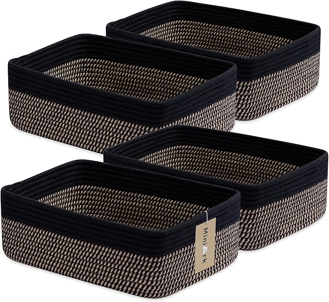 MiniArk Large Shallow Organizing Baskets 15x11x5.1 Inches - Rope Woven Storage Bins for Bathroom, Shelves, Cube Closet, Black Woven Brown 4 Packs