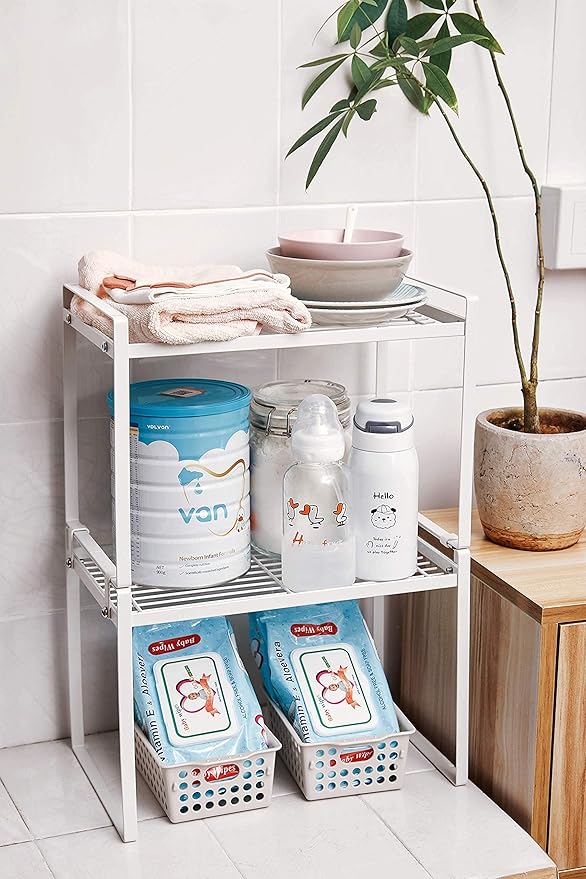 Shantton 2pk Kitchen Cabinet Shelf Counter Organizer Rack Pantry Storage Bathroom Bedroom Office Table Desk Space Saving Steel Frame Stackable Rust Resistant Non Slip White-Tall- L13in W8.3in H9.5in