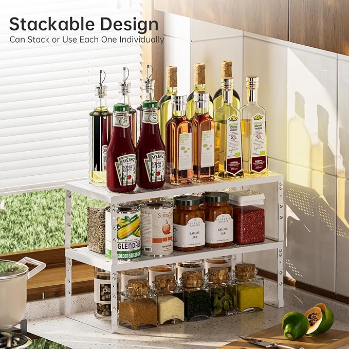 Cabinet Shelf,Expandable Adjustable Stackable Kitchen Organizer,for cabinets, Kitchens, countertops, bathrooms Shelf Organizer(1Pack/White,Large)