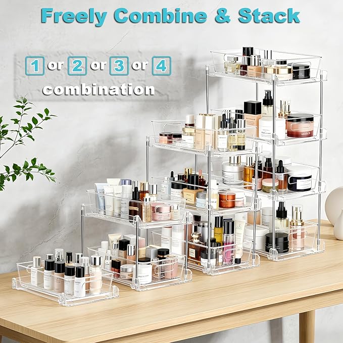 2 Tier Under Sink Organizer Bathroom Organizers and Storage, Clear Stackable Bathroom Cabinet Organizer, Multipurpose Pull-Out Home Organizer for Kitchen and Pantry Storage 4 Pack