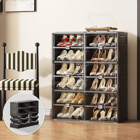 Vipbox Black Shoe Rack Organizer Cabinet for Closet Entryway,Clear Shoe Storage Boxes Stackable Sneaker Storage with Door Easy Assembly Shoe Cabinet with Lids Large 6 Tiers 24 Pairs