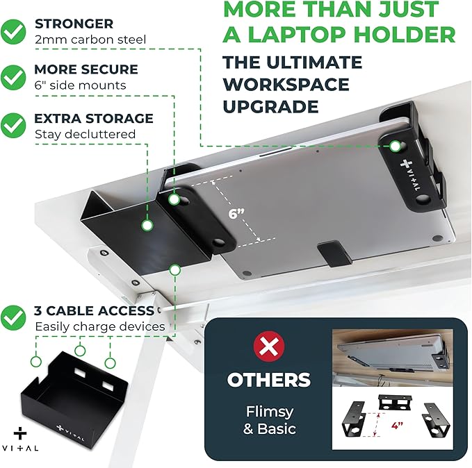 VI+AL Under Desk Laptop Mount - Hidden Metal Shelf with Side Storage - Installs with Tape & Screws - Fits Devices up to 1.7" Thick - Standard (No Hook or Cable Organizer)
