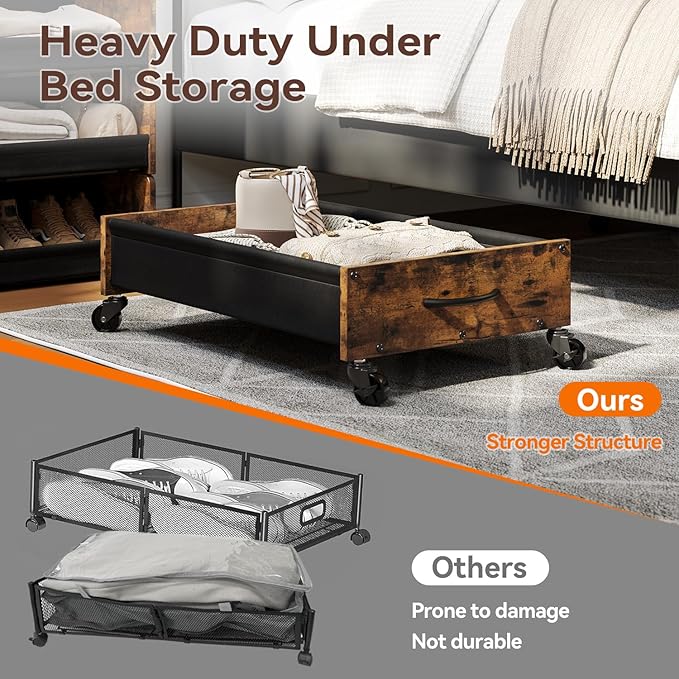 FOUCSSOMEI Under Bed Storage with Wheels, Under Bed Storage Drawers on Wheels, Metal Frame Under Bed Shoe Storage, Space-Saving for Bedroom Closet Organization