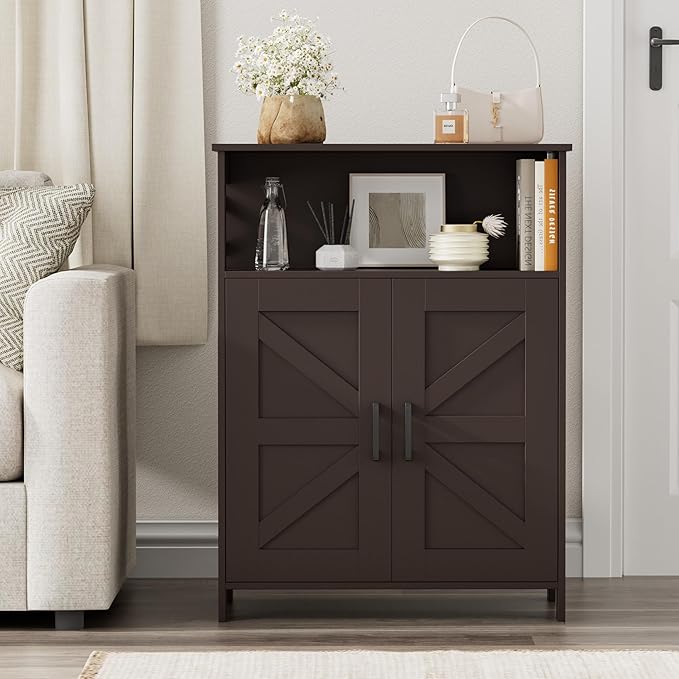 Homhedy Farmhouse Bathroom Storage Cabinet with 2 Doors, Toilet Paper Cabinet with Adjustable Shelf, Small Bathroom Cabinet for Kitchen/Laundry/Living Room, 11.8 x 23.6 x 31.5 Inches, Brown