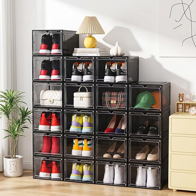 Large Black Shoe Storage Boxes Stackable, 12 Pack Hard Plastic Shoe Storage Organizer with Magnetic Door, Shoe Container Sneaker Storage Display Case Fit up to US Size 13 Black