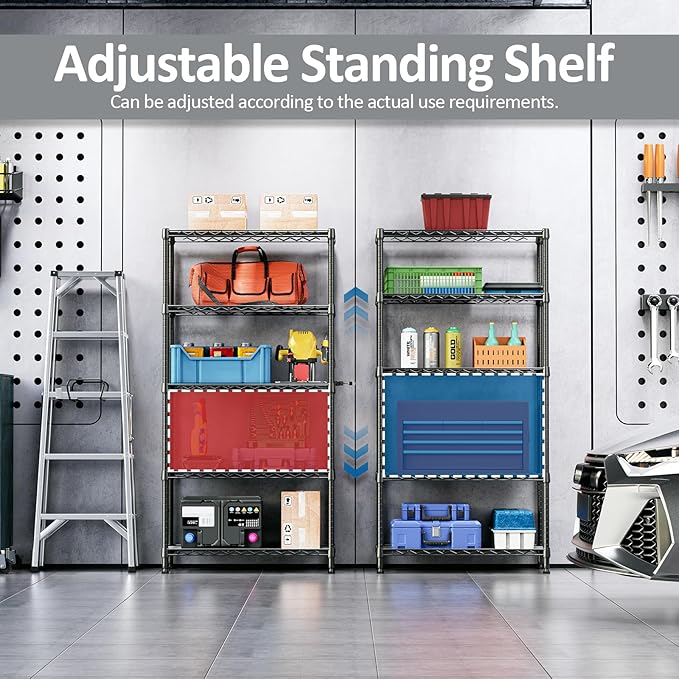 IZEUK 5-Tier Metal Storage Shelving Unit, 1250 lbs, Black,13.8" D x 29.5" W x 59.5" H, Wire Shelf for Home, Kitchen, Office and Garage Organization