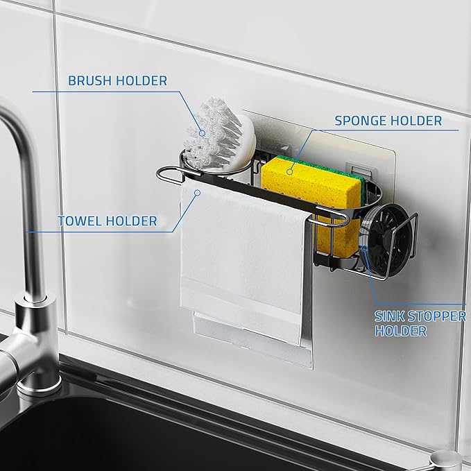 Cisily Kitchen Sink Caddy Sponge Holder in The Sink, Suction cup-Black