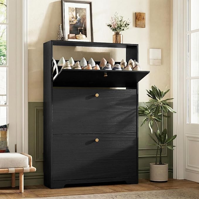 Nicetree Shoe Cabinet with 3 Flip Drawers, Narrow Shoe Organizer Cabinet, Freestanding Shoe Rack Cabinet, Modern Shoe Storage Cabinet for Entryway, Hallway, Foyer, Black