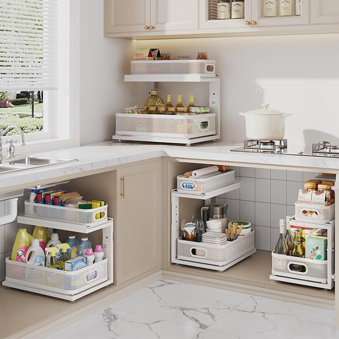 1 Pack 15IN-Depth Under Sink Organizer with Next-Gen Ball-Bearing Slides,2-Tier Precision Mesh Pull Out Cabinet Storage for Bathroom&Kitchen,Height Adjustable Drawers Shelf,Anti-Rust-White
