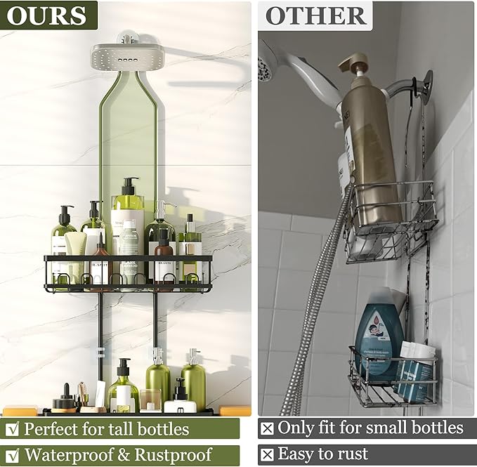 Skyapex Shower Caddy Hanging Over Shower Head, Adjustable Black Bathroom Organizer for Inside Shower, Rust-Resistant Stainless Steel Caddy with 2 Baskets, Hooks & Soap Dish for Tall Bottles