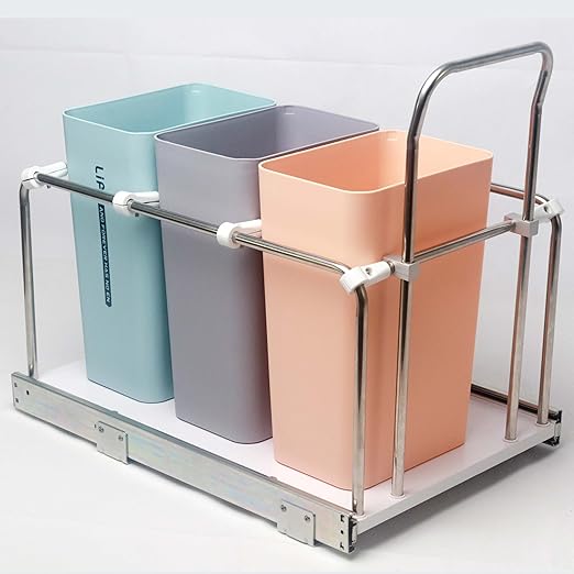 Adjustable Pull Out Trash Can for Kitchen Cabinet, Bottom-Mount Heavy-Duty Full-Extension Soft-Close Slides, 100 Lb Rated with Solid Bottom, Fits 18-Inch Base Cabinet