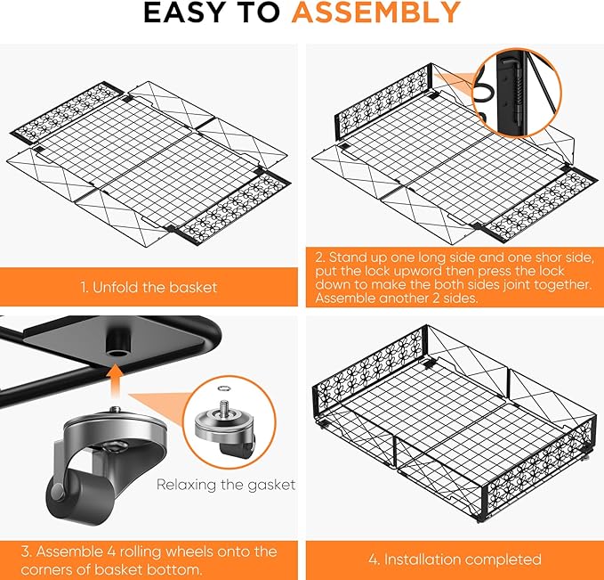 Under Bed Storage with Wheels, Rollable Under Bed Storage Container, Foldable Metal Under Bed Organizer for Bedroom Clothes Shoes Blankets Storage (1black, Black)