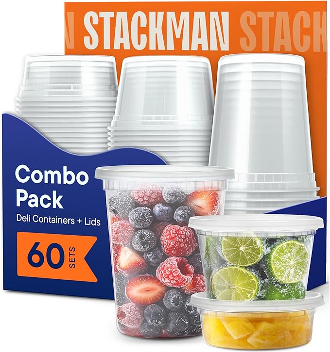 Stack Man [60-Sets] Plastic Deli Food Storage Containers with Airtight Lids Combo Set | 32 oz | 16 oz | 8 oz. | Disposable Plastic Takeout Containers for Soup - Freezer, Microwave and Dishwasher Safe