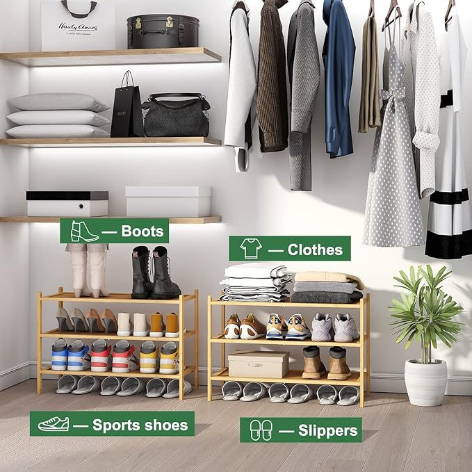kiplant 3-Tier Shoe Rack for Closet, Bamboo Wood Shoe Rack for Indoor & Outdoor, Stackable Shoe Organizer for Entryway (Natural, 3-Tier)