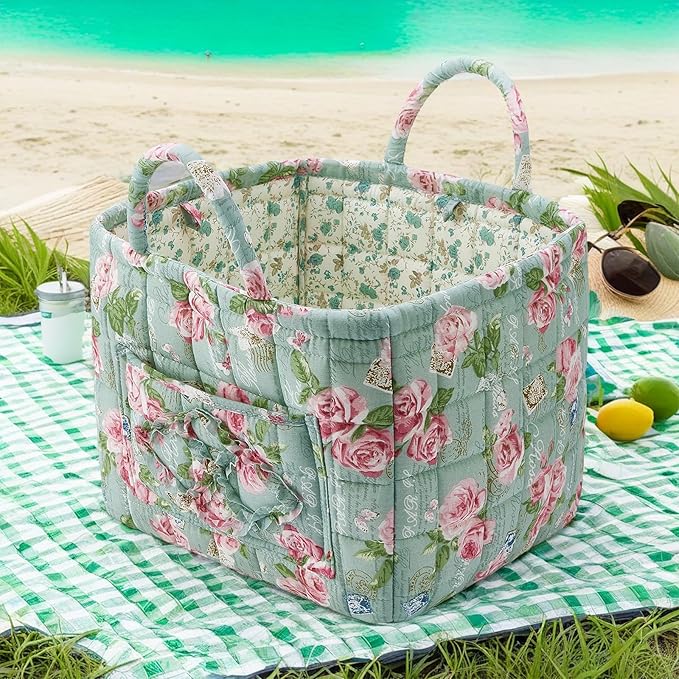 Fabric Baskets for Storage, Quilted Boho Floral Basket with Handles, White