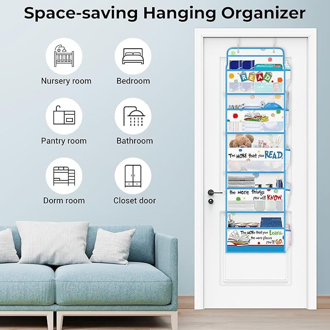 Clastyle Dr Read Quotes Over the Door Organizer with Clear Window Mesh Pocket 44 lbs Weight Capacity Nursery Hanging Shelf for Diaper Toy Closet Door Storage for Bedroom Bathroom Pantry