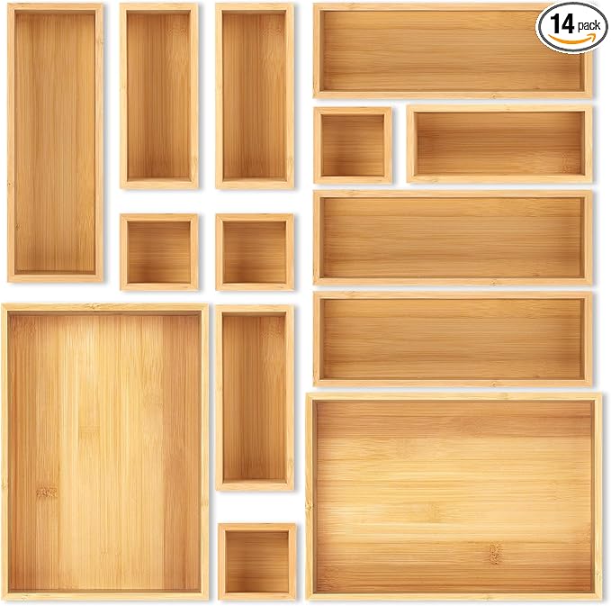 Bamboo Drawer Organizer Set, 14 PCS Multi-Use Individual Wood Storage Organizers