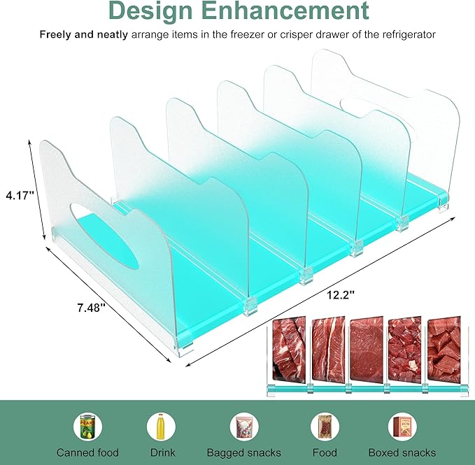 SURETIVIAN Freezer Organizer 12” Visible Fridge Organizer Rack with Removable Dividers and Handles, Freely Adjustable, Fits Refrigerator Frozen Meals, Lunch Meat Box, Cheeses (Mint Green)