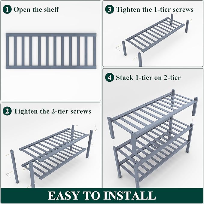 Smiry Bamboo Shoe Rack, 3 Tier Free Standing Wooden Shoe Organizer, Stackable Wood Shoe Storage Shelf for Closet, Entryway, 12 Vertical Slats, 2+1 Stack Standard Legs, 26.8"x11"x19.5", Grey