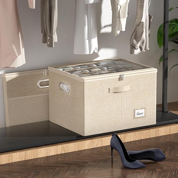 Shoe Organizer for Closet, Large Shoe Box Storage Containers with Clear Window, Space Saving Shoe Bin with Foldable Bottom Support Adjustable Dividers - Fits 16 Pairs (Beige, (19.7*15.7*13)x1)