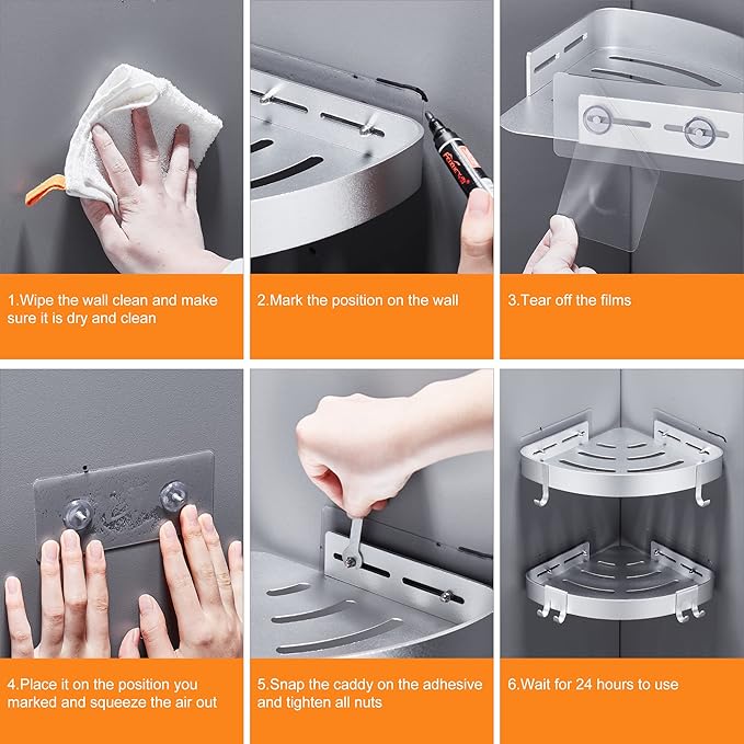 DUFU Adhesive Corner Shower Caddy with Hooks,Bathroom Shower Organizer, No Drilling Rust Proof Aluminum Shower Shelf for Inside Shower 2 Pack (Silver)
