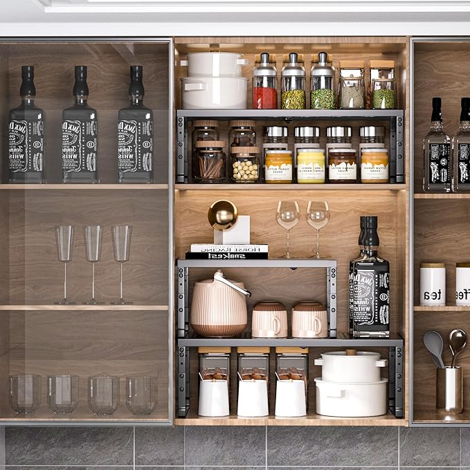 Cabinet Shelf Organizer, Spice Rack,Stackable, Expandable, Rust Resistant, Convenient Kitchen Storage, Metal Shelf for Kitchen, Countertop, Restroom(3Packs/Black,Medium)