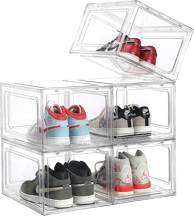 XL Shoe Boxes Clear Plastic Stackable, Extra Large Acylic Display Case, 5 Pack Drop Front Shoe Box with Magnetic Lid,Fit up to Size 15(5 PACK ACYLIC)