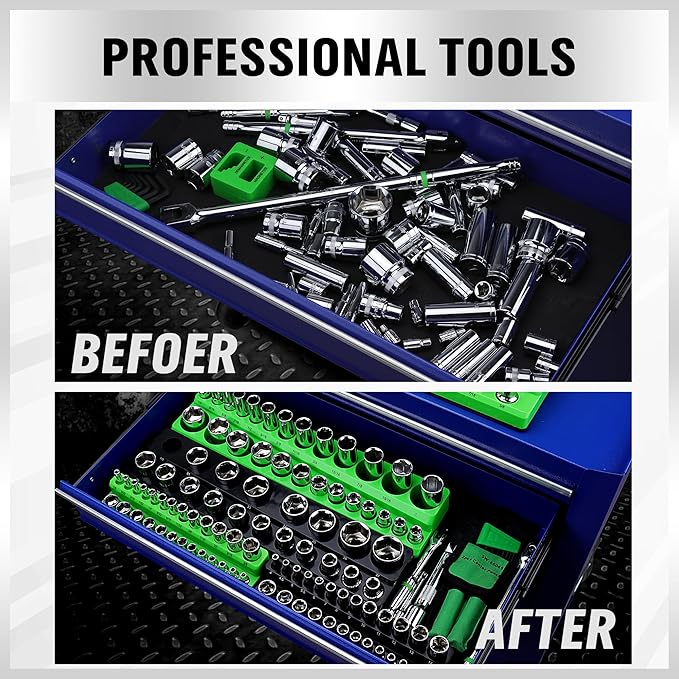 Magnetic Socket Organizer Set, 6-piece 1/4", 3/8", 1/2" SAE & Metric Sockets Holder, Drive Socket Trays, Storage Tool Box, Holding 143 Slots, Soft Rubber Covering Black Green Tools