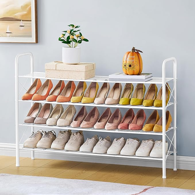 Hoctieon 4 Tier Mesh Style Shoe Rack, Entryway Shoe Shelf, Shoe Storage Organizer, Shoe Rack for Closet, Space Save for Bathroom, Garage, Hallway, Bedroom, Living Room, White