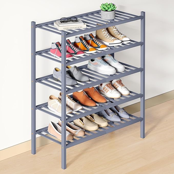Smiry Bamboo Shoe Rack for Closet, 5 Tier Wooden Shoe Organizer, Stackable Wood Shoe Storage Shelf for Entryway, 14 Vertical Slats, 2+3 Stack Heavy-Duty Legs, 26.77"x11.02"x31.3", Grey