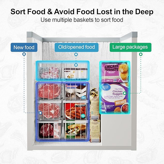 iSPECLE Deep Freezer Organizer Bins - Fits 7 Cu.Ft Chest Freezer, 8 Pack Stackable Wire Baskets(14.7" Length), Heavy Duty Coated Freezer Organizer, Rust Resistant for Frozen Food Sorting, White