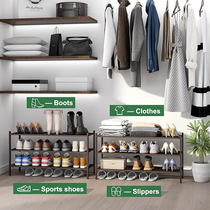 kiplant 3-Tier Long Shoe Rack, Bamboo Wood Shoe Rack for Entryway, Stackable | Foldable | Natural, Shoe Organizer for Hallway Closet, Free Standing Shoe Racks for Indoor Outdoor