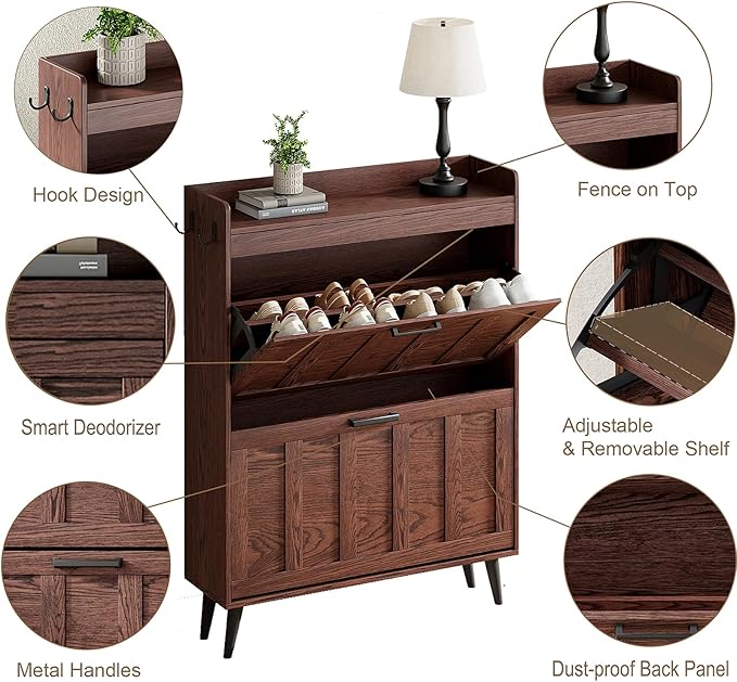 ChooChoo Shoe Storage Cabinet with 2 Flip Drawers, Freestanding Hidden Slim Narrow Shoe Rack Cabinet, Farmhouse Shoe Organizer Storage for Entryway, Walnut