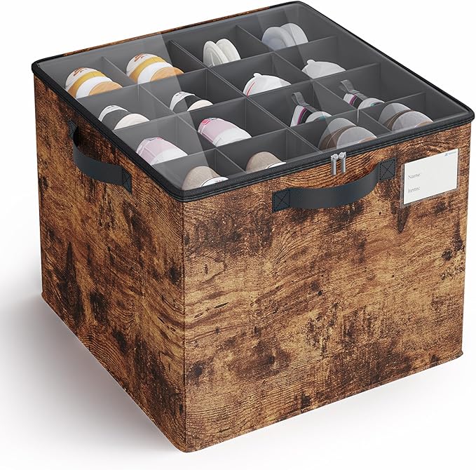 Varhomax Shoe Organizer Box for Closet, Fabric Shoe Storage Bin with Adjustable Dividers & Clear Cover, Holds up 16-32 Pairs of Sneakers & Sandals for Entryway, Cubby (Rust Brown)