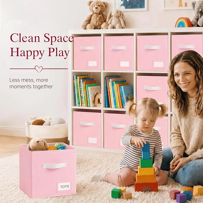 Storage Cubes 8 Pack, 11 Inch Fabric Storage Cubes Organizer Bins with Labels, Odor-Free & Sturdy PP Structure, Cubby Baskets for Closet, Shelves, Toys & Nursery ( Pink)